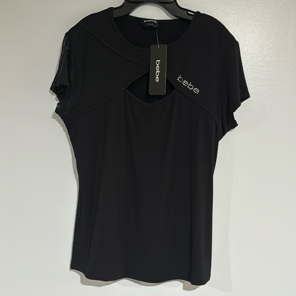 BEBE CRYSTAL RHINESTONE LOGO PEEK-A-BOO FRONT TOP STRETCHY